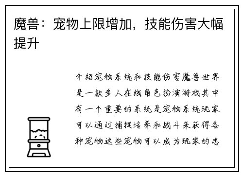 魔兽：宠物上限增加，技能伤害大幅提升